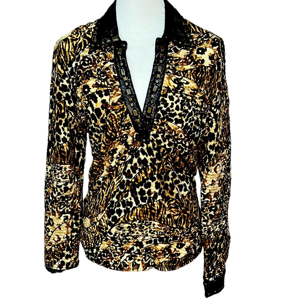 Alberto Makali Animal Print Beaded Blouse